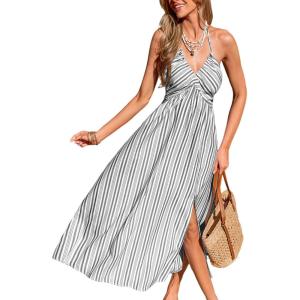 imageCUPSHE Women Backless Ruffle Summer Dress Halter Neck Plunge V Striped Side Slit Casual Sundress Beach Maxi DressBlack White Striped