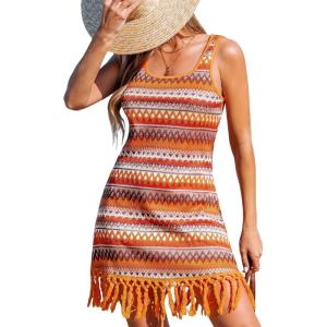 imageCUPSHE Women Fringe Trim Summer Dress Scoop Neck Sleeveless Multicolor Stripe Casual Sundress Beach Holiday Mini DressOrange Striped