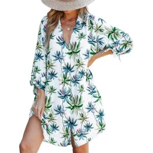 imageCUPSHE Women Mini Summer Dress Cover Up Oversize Floral Shirt 34 Sleeve Cuff Tie Button Down Beach Dresses Cover Up TopGreen Leaf