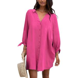 imageCUPSHE Women Shirt Mini Summer Dress Cover Ups 34 Sleeve Cuff Tie Button Down Holiday Sundress Beach Cover Up DressFuchsia