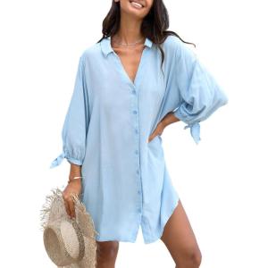 imageCUPSHE Women Shirt Mini Summer Dress Cover Ups 34 Sleeve Cuff Tie Button Down Holiday Sundress Beach Cover Up DressLight Blue