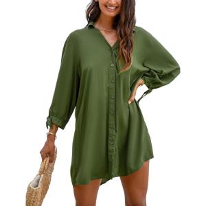 imageCUPSHE Women Shirt Mini Summer Dress Cover Ups 34 Sleeve Cuff Tie Button Down Holiday Sundress Beach Cover Up DressOlive Green