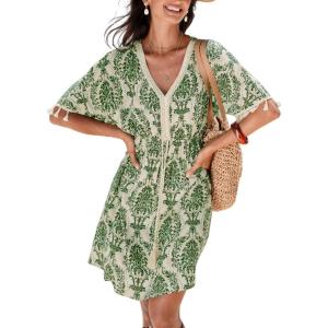 imageCUPSHE Women Tassel Trim Summer Dress V Neck Lace Short Sleeve Paisley Boho Casual Sundress Holiday Beach Mini DressGreen