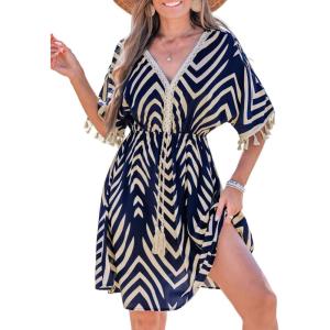 imageCUPSHE Women Tassel Trim Summer Dress V Neck Lace Short Sleeve Paisley Boho Casual Sundress Holiday Beach Mini DressNavy Blue Chevron
