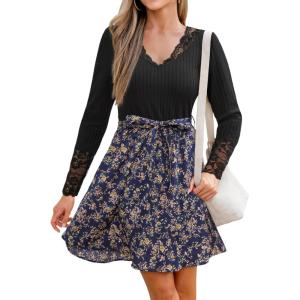 imageCUPSHE Womens Floral Ruffled Mini Dress V Neck Long Sleeve Waist Tie Lace Trim Casual DressesBlack Floral
