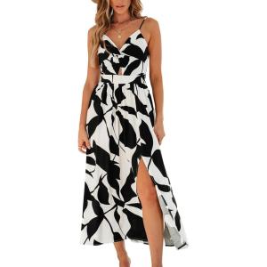 imageCUPSHE Womens Long Dresses Summer Sleeveless Beach Casual Side Slit Spaghetti Straps Vacation Graduation Midi DressBlack Printed