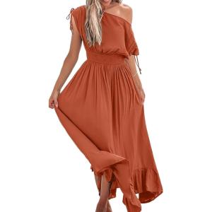 imageCUPSHE Womens Maxi Dresses Casual Summer Sundress Sleeveless Smocked One Shoulder Ruffled Long Beach Formal DressBrown