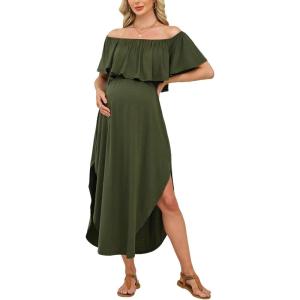 imageCUPSHE Womens Maxi OffShoulder Maternity Dress Summer Casual Sleeveless Ruffled Trim Photoshoot DressesGreen