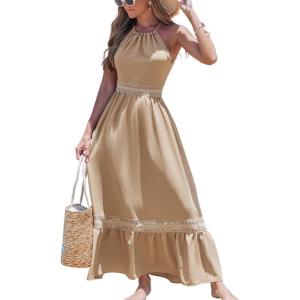 imageCUPSHE Womens Midi Dress Halter Paisley Sleeveless Cutout Waist Long Beach Boho Summer DressKhaki