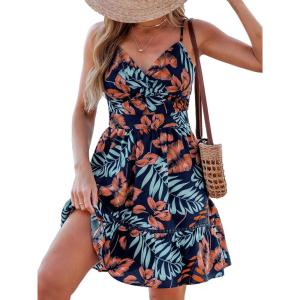 imageCUPSHE Womens Mini Dress Floral Twisted V Neck Sleeveless Short Dress Pleated Self Tie Back Mini DressNavy Tropical
