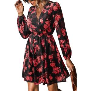 imageCUPSHE Womens Mini Dresses Casual Spring V Neck Chiffon Long Peasant Sleeves Flowy Summer DressRed Floral