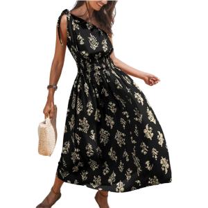 imageCUPSHE Womens One Shoulder Floral Printed Sleeveless Smocked Waist Maxi Dress Summer Boho Long DressBlack