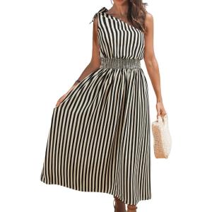 imageCUPSHE Womens One Shoulder Floral Printed Sleeveless Smocked Waist Maxi Dress Summer Boho Long DressBlack Stripe