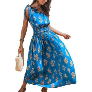 imageCUPSHE Womens One Shoulder Floral Printed Sleeveless Smocked Waist Maxi Dress Summer Boho Long DressBlue