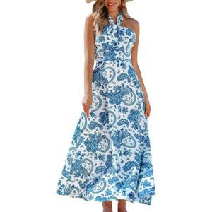 imageCUPSHE Womens Paisley Summer Dresses Casual Halter Twist Backless Tie Back Smocked Maxi DressBlue