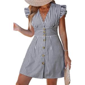 imageCUPSHE Womens Striped Summer Dresses V Neck Casual Mini Dress Flutter Sleeve Ruffle Button SundressesBlack