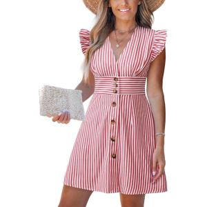 imageCUPSHE Womens Striped Summer Dresses V Neck Casual Mini Dress Flutter Sleeve Ruffle Button SundressesRed