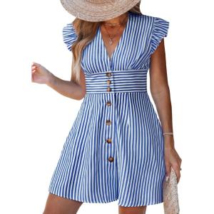 imageCUPSHE Womens Striped Summer Dresses V Neck Casual Mini Dress Flutter Sleeve Ruffle Button SundressesRoray Blue