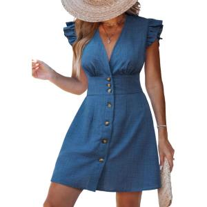 imageCUPSHE Womens Striped Summer Dresses V Neck Casual Mini Dress Flutter Sleeve Ruffle Button SundressesSolid Blue