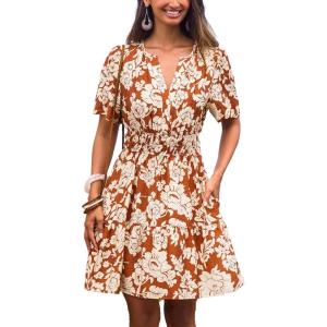 imageCUPSHE Womens Summer Dresses 2025 V Neck Short Sleeve Flowy Aline Beach Vacation Dress with PocketsRed Floral