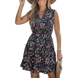 imageCUPSHE Womens Summer Dresses Tie Neck Sleeveless Tiered Ruffle ALine Tunic Mini DressBlack Floral