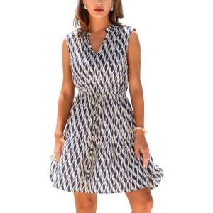 imageCUPSHE Womens Summer Dresses Tie Neck Sleeveless Tiered Ruffle ALine Tunic Mini DressNavy Diamond
