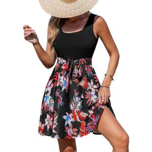 imageCUPSHE Womens Tropical Summer Dresses Flowy Beach Mini Dress Square Neck Sleeveless Vacation SundressBlack Flora