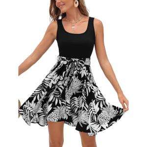 imageCUPSHE Womens Tropical Summer Dresses Flowy Beach Mini Dress Square Neck Sleeveless Vacation SundressTropical Black