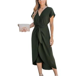 imageCUPSHE Womens V Neck Wrap Dress Twisted Slit Pleated Waist Tie Short Sleeve Summer Midi DressesArmy Green