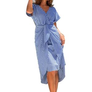 imageCUPSHE Womens V Neck Wrap Dress Twisted Slit Pleated Waist Tie Short Sleeve Summer Midi DressesNavy Blue Stripe