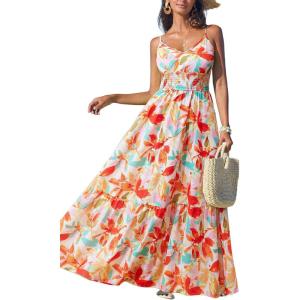 imageCUPSHE Womens Vacation Summer Dresses Tropical V Neck Elastic Waist Sleeveless Spaghetti Strap Smocked Maxi DressRed