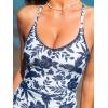 imageCUPSHE Womens One Piece Swimsuit Bathing Suit Scoop Neck Back Tie Shell Stitch Ruched SwimwearBeigeNavy Blue Floral