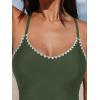 imageCUPSHE Womens One Piece Swimsuit Bathing Suit Scoop Neck Back Tie Shell Stitch Ruched SwimwearGreen