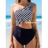 imageCUPSHE Womens One Piece Swimsuit One Shoulder Color Block Side Cutout Ruched Bathing SuitNavyWhite Striped