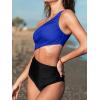 imageCUPSHE Womens One Piece Swimsuit One Shoulder Color Block Side Cutout Ruched Bathing SuitRoyal BlueBlack