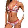 imageCUPSHE Womens Bikini Sets Two Piece Swimsuit Bathing Suit Halter V Neck Lace Up Self Tie Mid RiseBrick RedWhite Floral