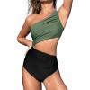 imageCUPSHE Womens One Piece Swimsuit One Shoulder Color Block Side Cutout Ruched Bathing SuitEucalyptus GreenBlack