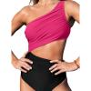 imageCUPSHE Womens One Piece Swimsuit One Shoulder Color Block Side Cutout Ruched Bathing SuitFuchsia RedBlack