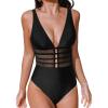imageCUPSHE Womens One Piece Swimsuit Tummy Control Bathing Suit Deep V Neck Cut Out Mesh Adjustable StrapsBlack