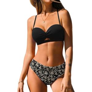 imageCUPSHE Womens Bikini Sets Sweetheart Neck Two Piece Bathing Suit Cutout Textured Adjustable Straps Mid Rise BottomBlackFloral