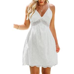imageCUPSHE Womens Cotton Summer Dresses Causal Halter Backless V Neck Sleeveless Lace Cutout Mini DressWhite