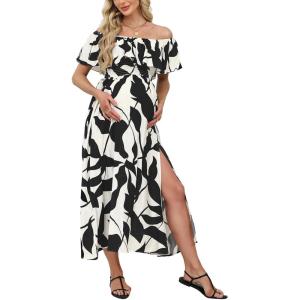 imageCUPSHE Womens Maternity Dresses for Photoshoot Ruffle Off Shoulder Short Sleeve Slit Hem Maxi DressBlackwhite