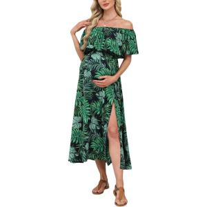 imageCUPSHE Womens Maternity Dresses for Photoshoot Ruffle Off Shoulder Short Sleeve Slit Hem Maxi DressGreen
