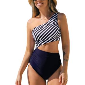 imageCUPSHE Womens One Piece Swimsuit One Shoulder Color Block Side Cutout Ruched Bathing SuitNavyWhite Striped