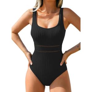 imageCUPSHE Womens One Piece Swimsuit Scoop Neck Textured Bathing Suit Cutouts Low Back Swimwear Wide StrapsBlack