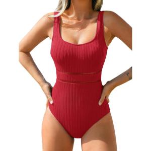 imageCUPSHE Womens One Piece Swimsuit Scoop Neck Textured Bathing Suit Cutouts Low Back Swimwear Wide StrapsRed