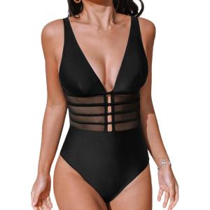 imageCUPSHE Womens One Piece Swimsuit Tummy Control Bathing Suit Deep V Neck Cut Out Mesh Adjustable StrapsBlack