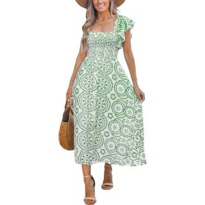 imageCUPSHE Womens Summer Midi Dress Paisley Square Neck Short Flutter Sleeve Smocked DressesGreen