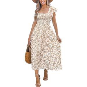 imageCUPSHE Womens Summer Midi Dress Paisley Square Neck Short Flutter Sleeve Smocked DressesNeutral