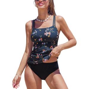 imageCUPSHE Womens Tankini Sets Scoop Neck Dual Crisscross Adjustable Straps Mid Rise Two Piece SwimsuitDark NavyFloral